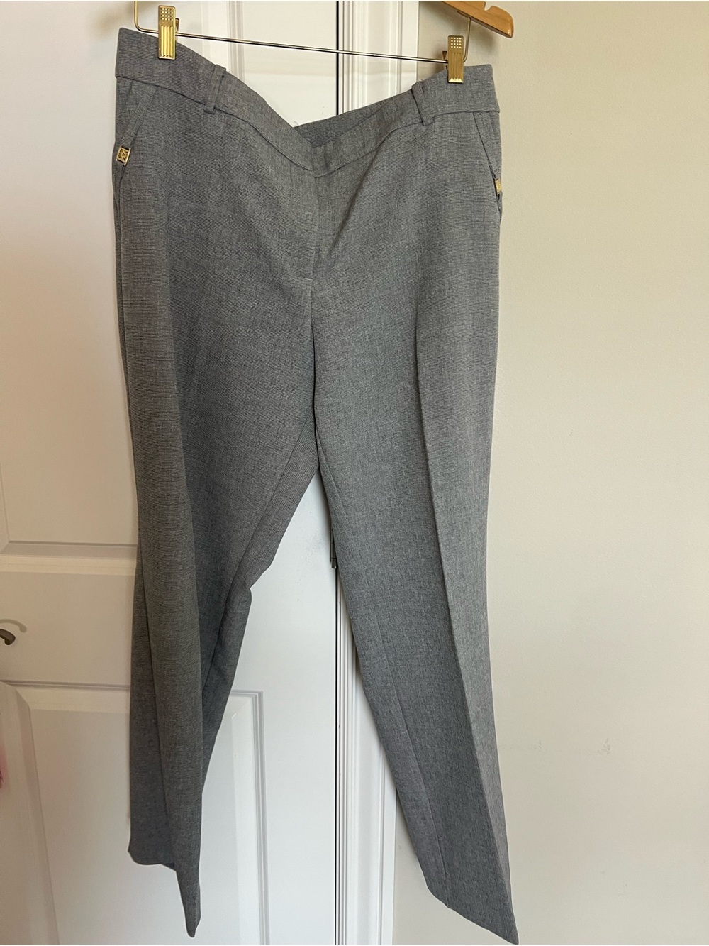 Anne Klein Gray Straight-Leg Dress Pants with Gold Accents